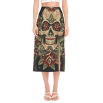 Skull And Roses Tattoo Print Side Slit Midi Skirt