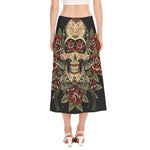 Skull And Roses Tattoo Print Side Slit Midi Skirt