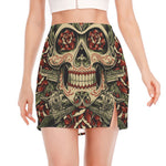 Skull And Roses Tattoo Print Side Slit Mini Skirt