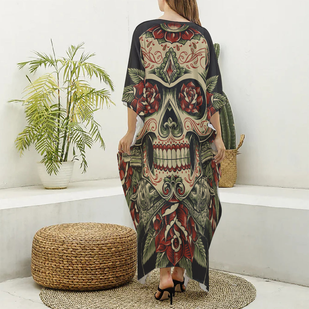 Skull And Roses Tattoo Print Silk V-Neck Kaftan Dress