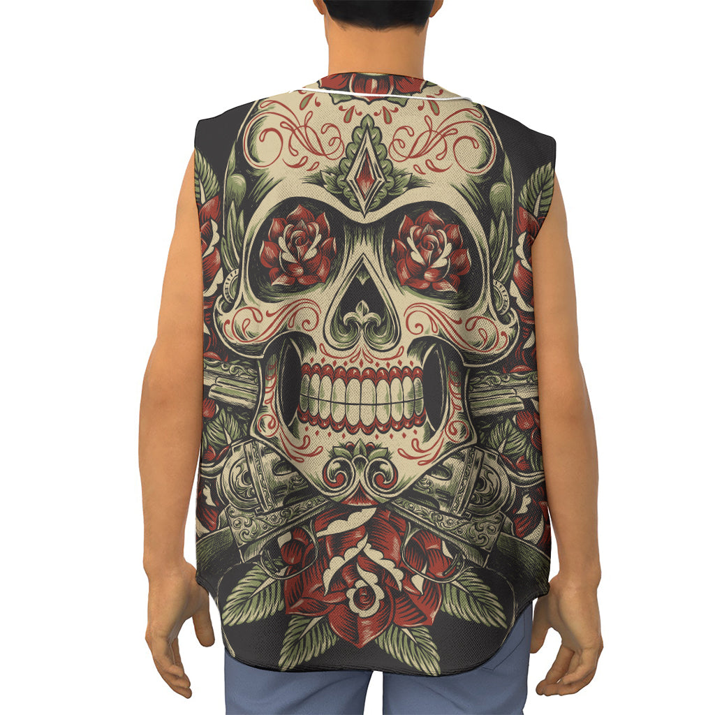 Skull And Roses Tattoo Print Sleeveless Baseball Jersey