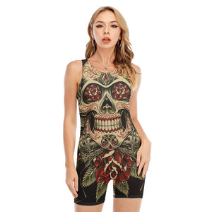 Skull And Roses Tattoo Print Sleeveless One Piece Swimsuit