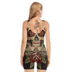 Skull And Roses Tattoo Print Sleeveless One Piece Swimsuit