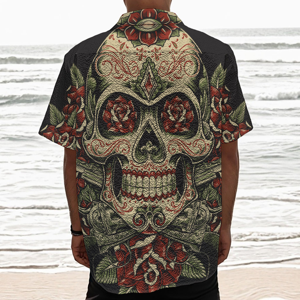 Skull And Roses Tattoo Print Textured Short Sleeve Shirt