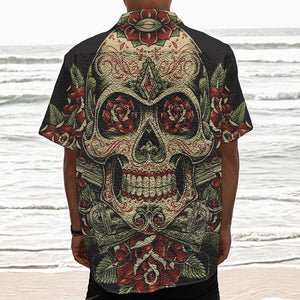 Skull And Roses Tattoo Print Textured Short Sleeve Shirt