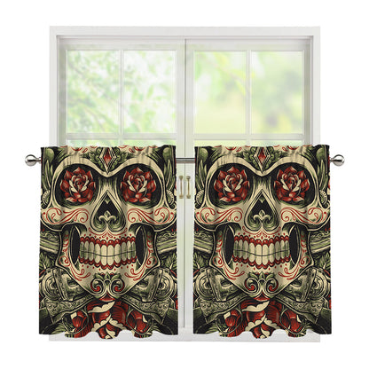 Skull And Roses Tattoo Print Tier Curtains