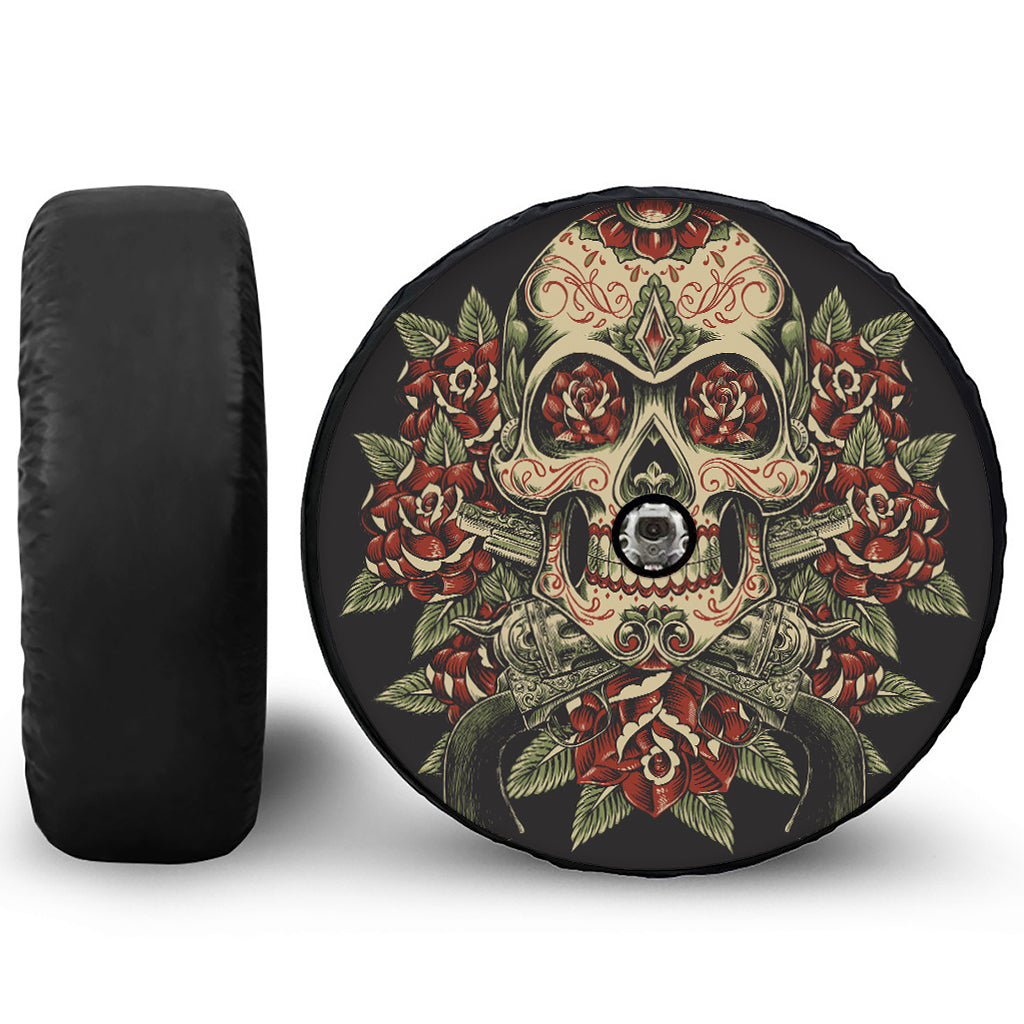 Skull And Roses Tattoo Print Tire Cover With Camera Hole