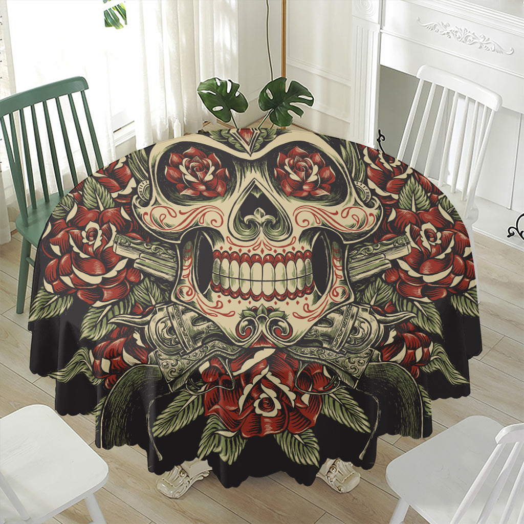 Skull And Roses Tattoo Print Waterproof Round Tablecloth