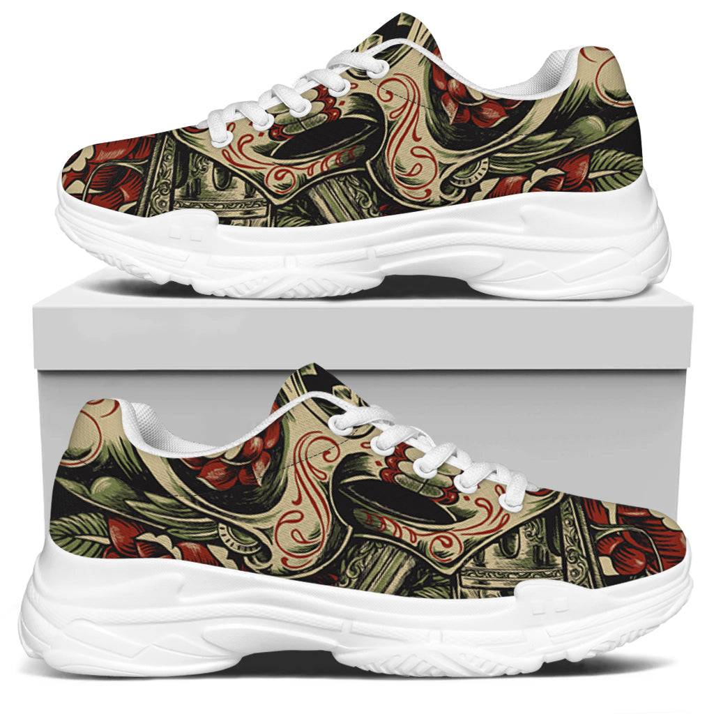 Skull And Roses Tattoo Print White Chunky Shoes