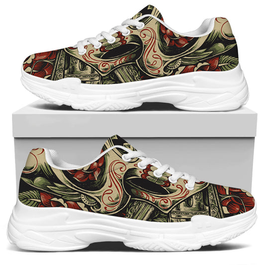 Skull And Roses Tattoo Print White Chunky Shoes