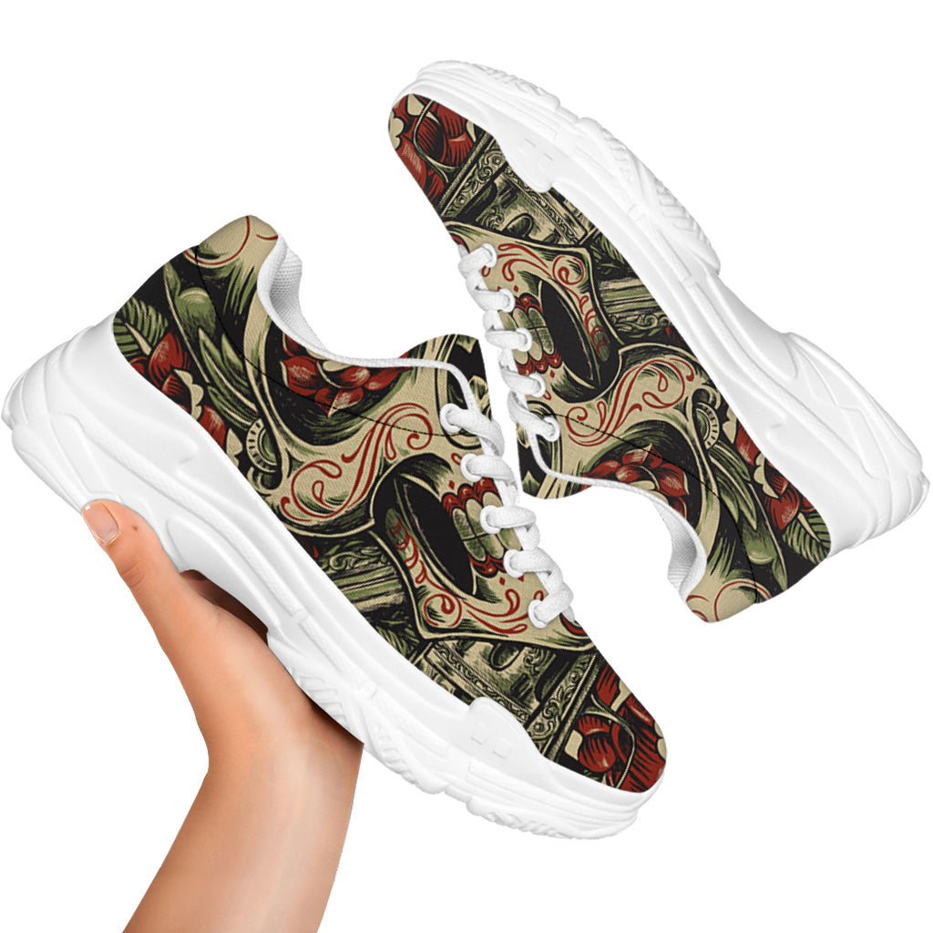 Skull And Roses Tattoo Print White Chunky Shoes