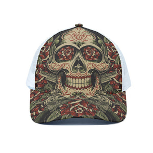 Skull And Roses Tattoo Print White Mesh Trucker Cap