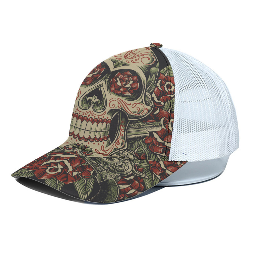 Skull And Roses Tattoo Print White Mesh Trucker Cap