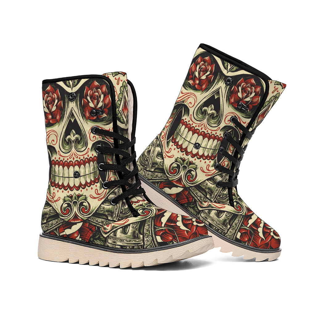 Skull And Roses Tattoo Print Winter Boots