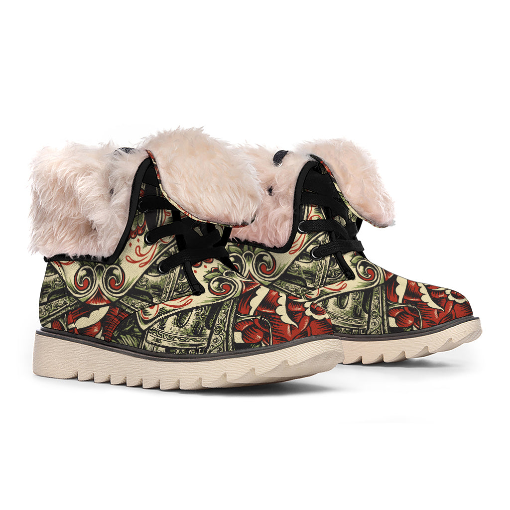 Skull And Roses Tattoo Print Winter Boots