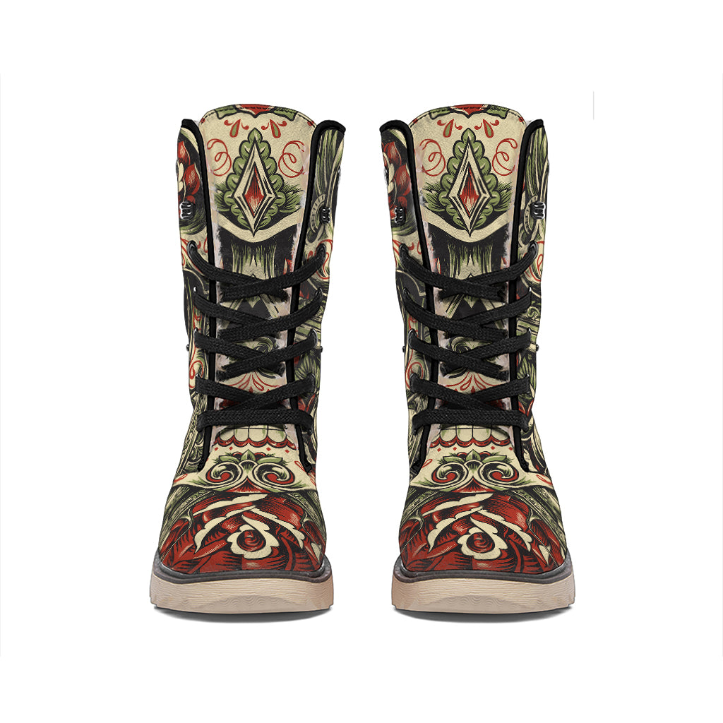 Skull And Roses Tattoo Print Winter Boots