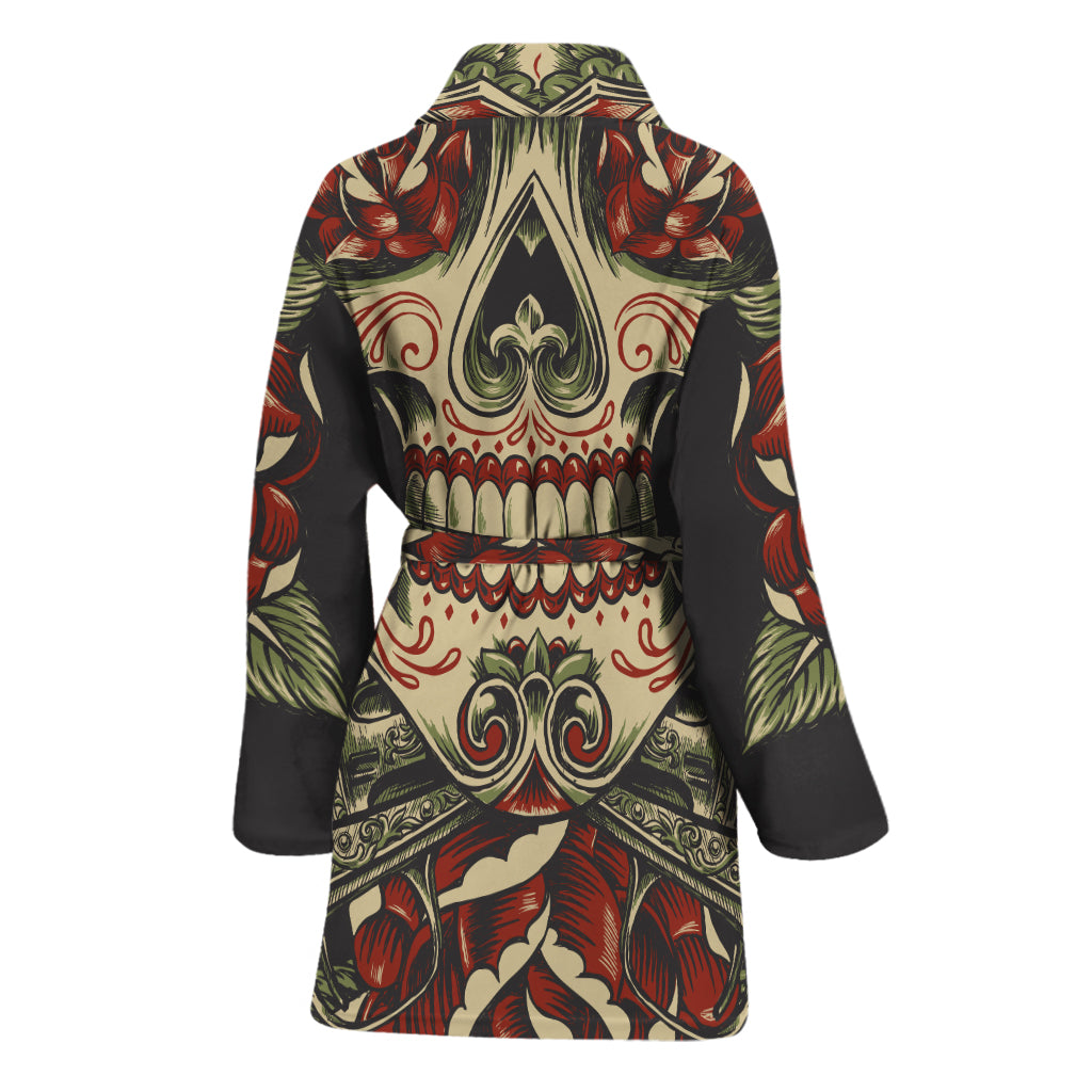 Skull And Roses Tattoo Print Women's Bathrobe