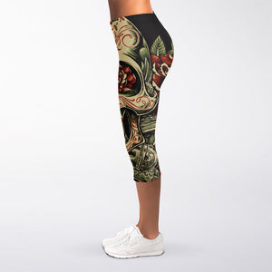 Skull And Roses Tattoo Print Women's Capri Leggings