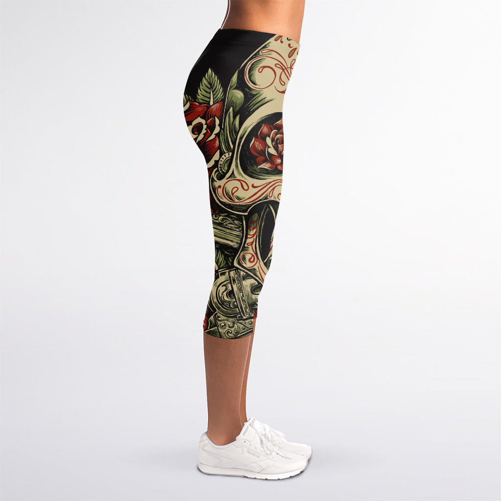 Skull And Roses Tattoo Print Women's Capri Leggings