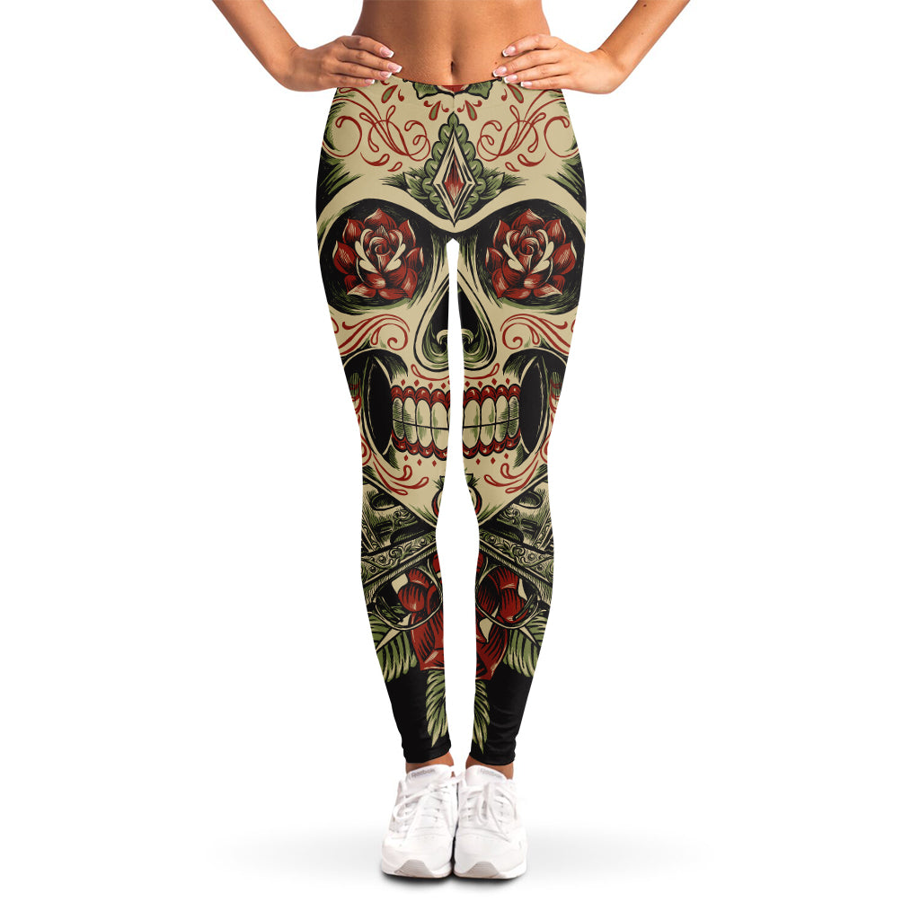 Skull And Roses Tattoo Print Women's Leggings