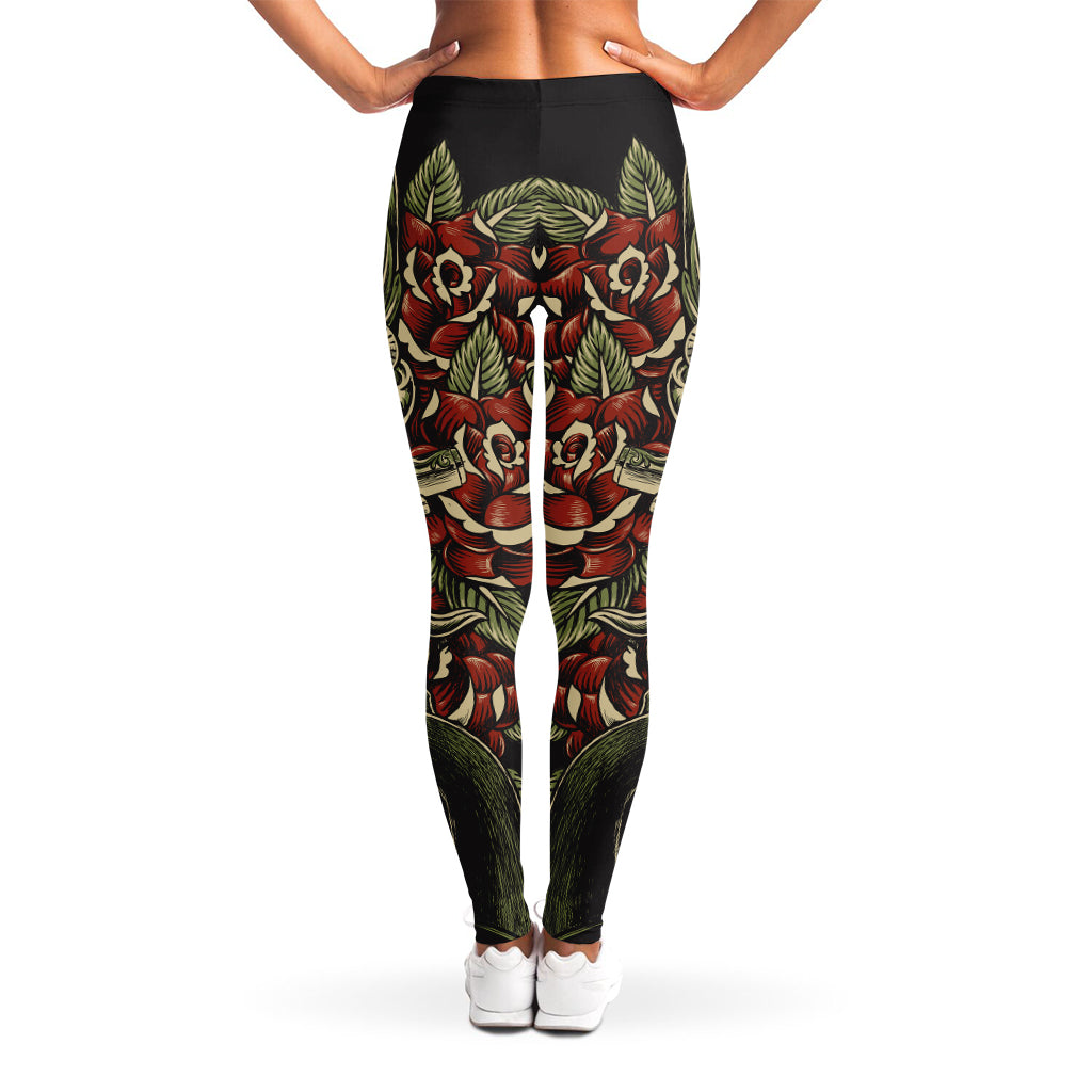 Skull And Roses Tattoo Print Women's Leggings