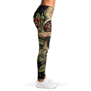 Skull And Roses Tattoo Print Women's Leggings