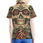 Skull And Roses Tattoo Print Women's Polo Shirt