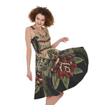 Skull And Roses Tattoo Print Women's Sleeveless Dress