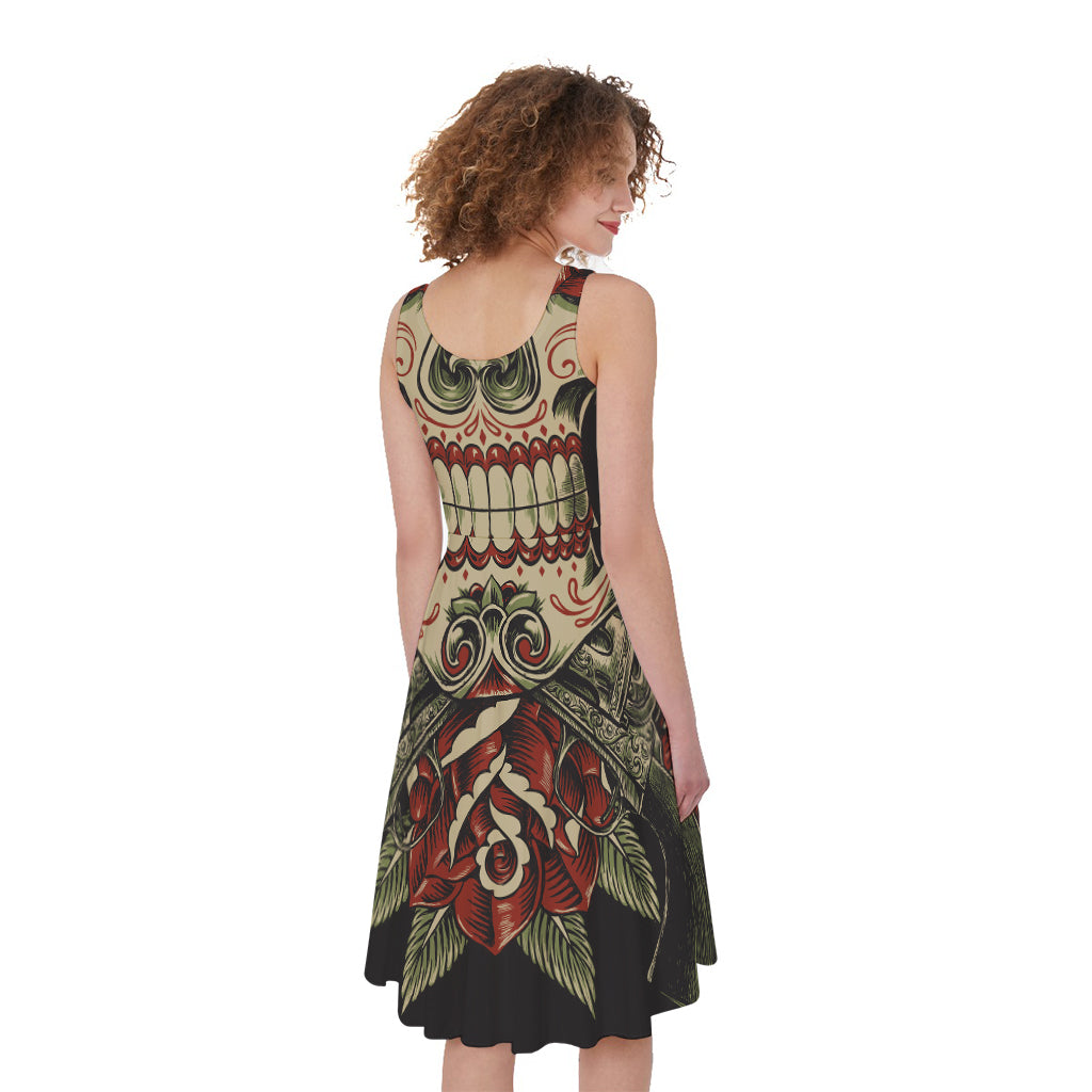 Skull And Roses Tattoo Print Women's Sleeveless Dress