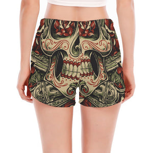 Skull And Roses Tattoo Print Women's Split Running Shorts