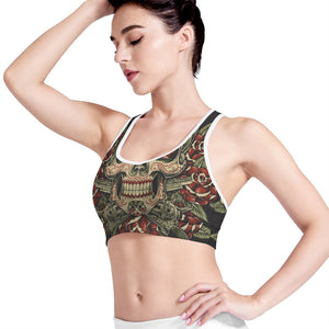 Skull And Roses Tattoo Print Women's Sports Bra