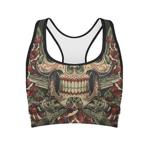 Skull And Roses Tattoo Print Women's Sports Bra