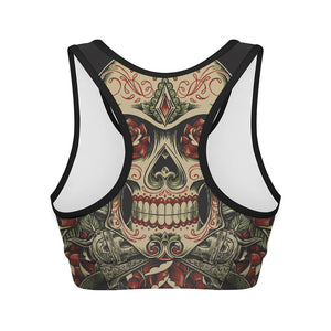 Skull And Roses Tattoo Print Women's Sports Bra