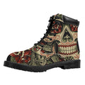 Skull And Roses Tattoo Print Padded Collar Lace Up Boots