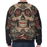 Skull And Roses Tattoo Print Zip Sleeve Bomber Jacket