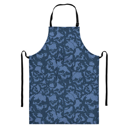 Skull Denim Jeans Pattern Print Bib Apron With Pocket