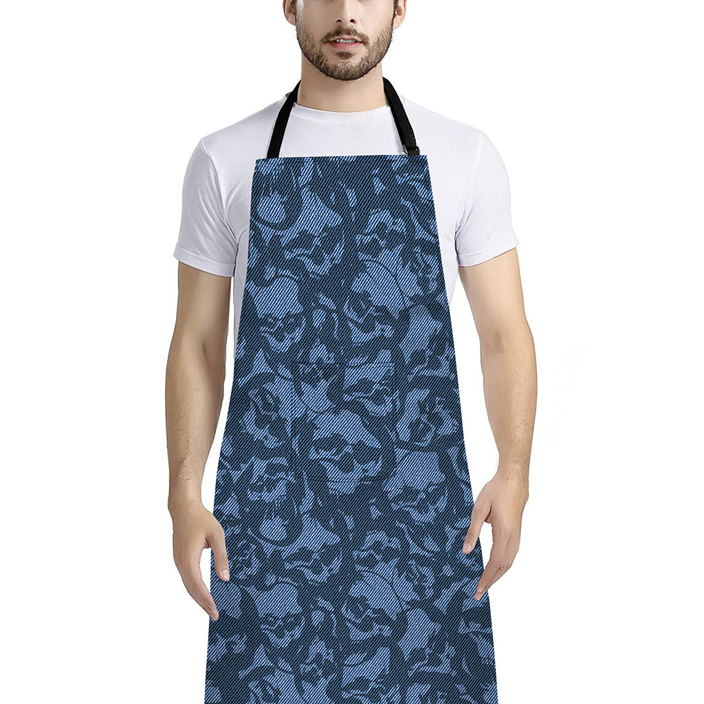Skull Denim Jeans Pattern Print Bib Apron With Pocket