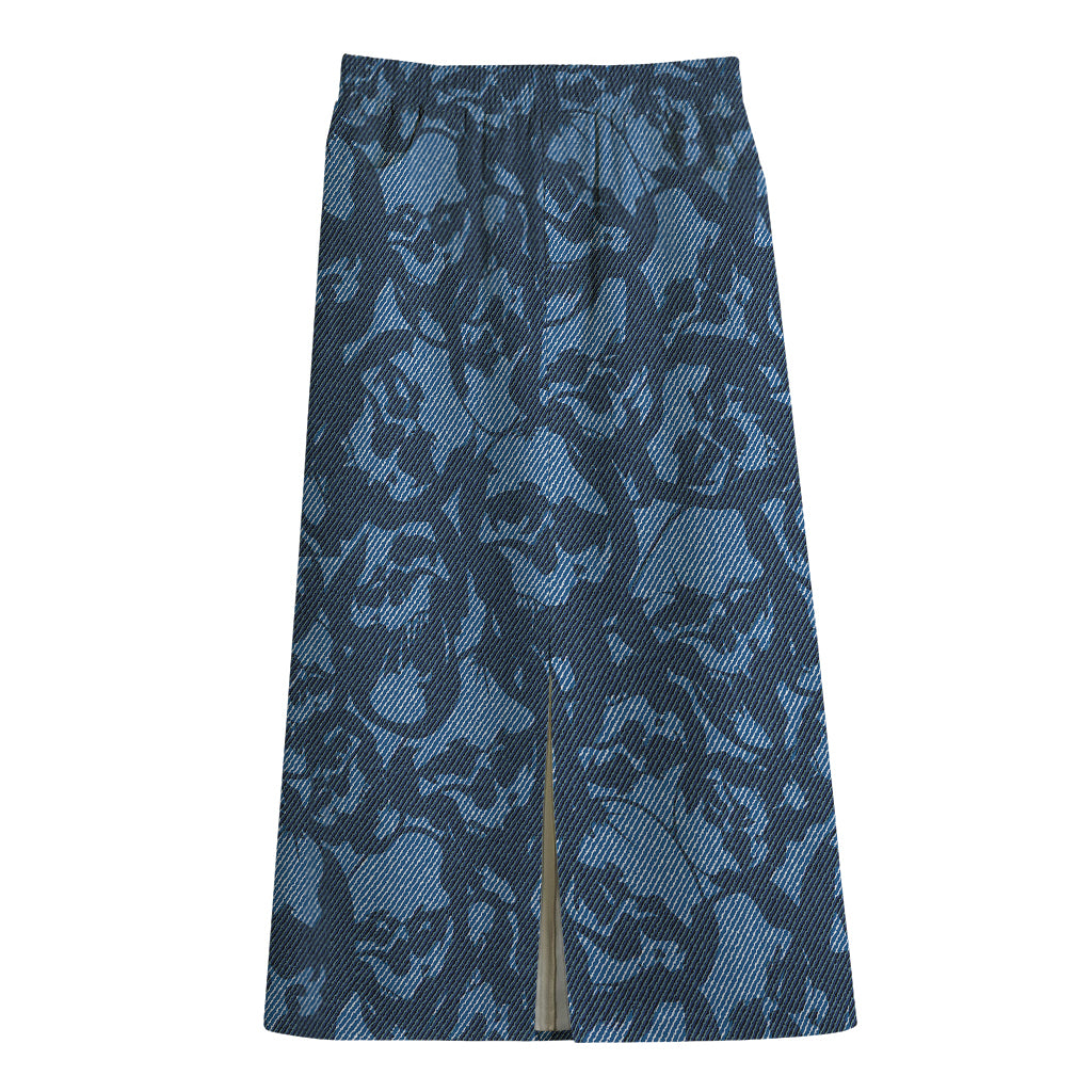 Skull Denim Jeans Pattern Print Cotton Front Slit Maxi Skirt