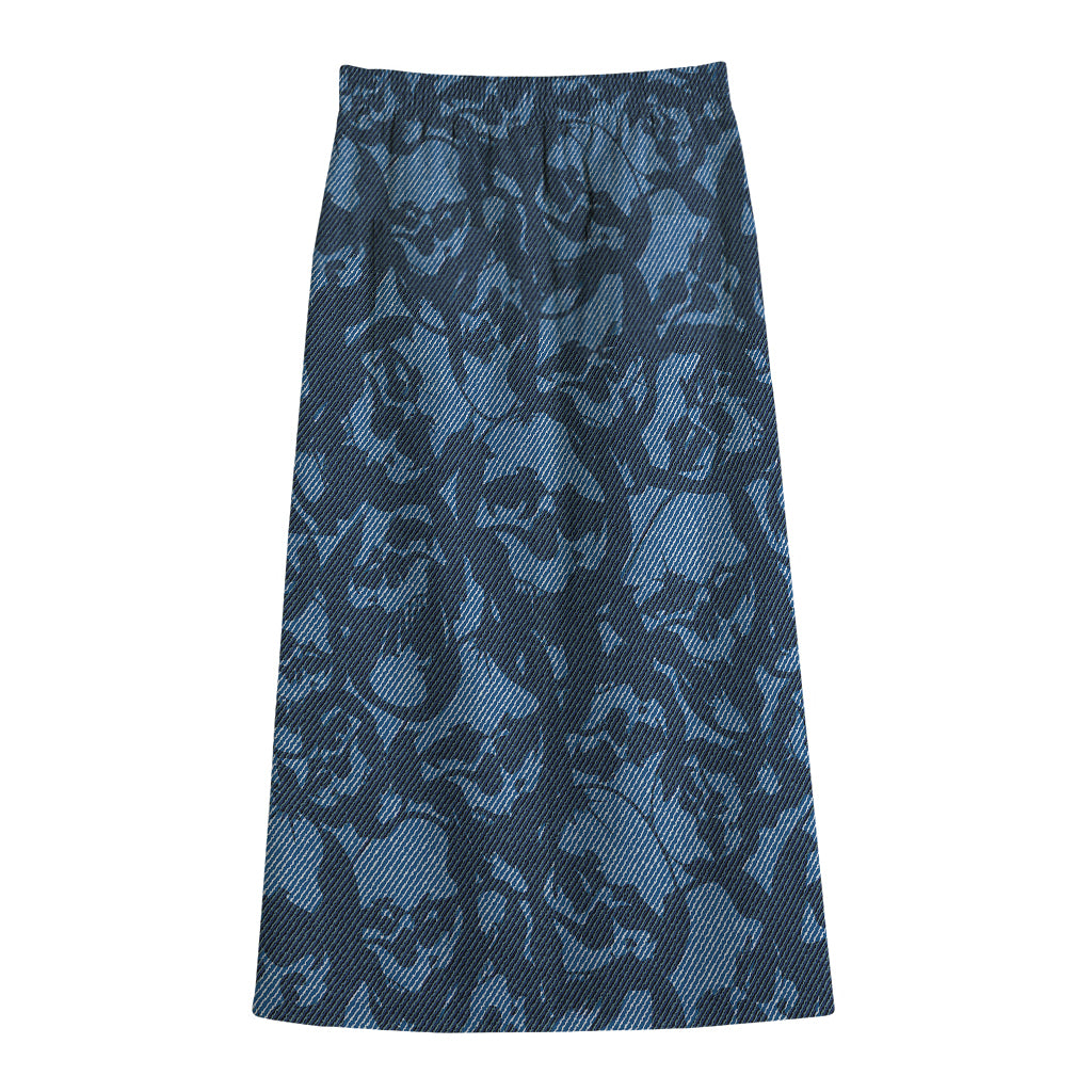Skull Denim Jeans Pattern Print Cotton Front Slit Maxi Skirt