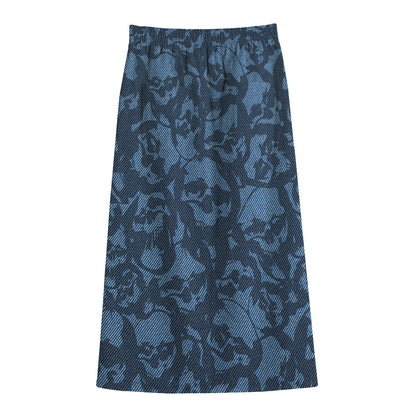 Skull Denim Jeans Pattern Print Cotton Front Slit Maxi Skirt