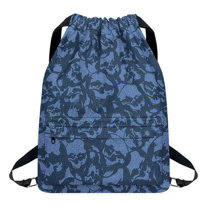 Skull Denim Jeans Pattern Print Drawstring Backpack