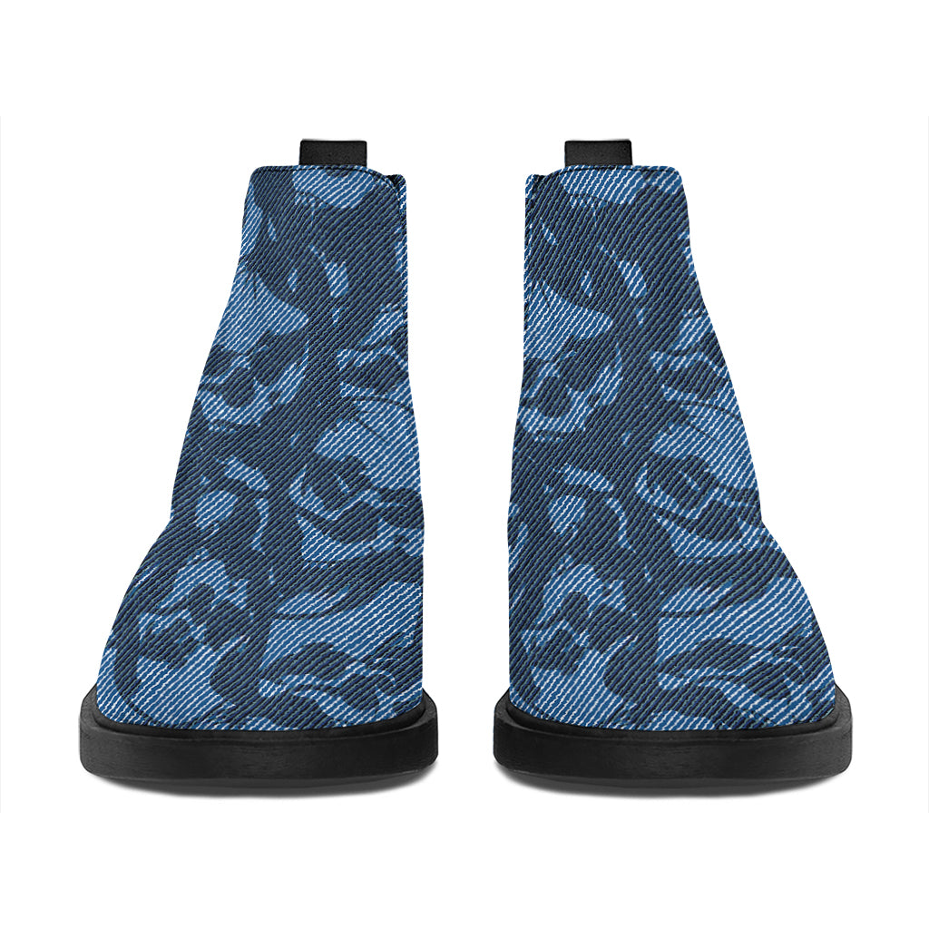 Skull Denim Jeans Pattern Print Flat Ankle Boots