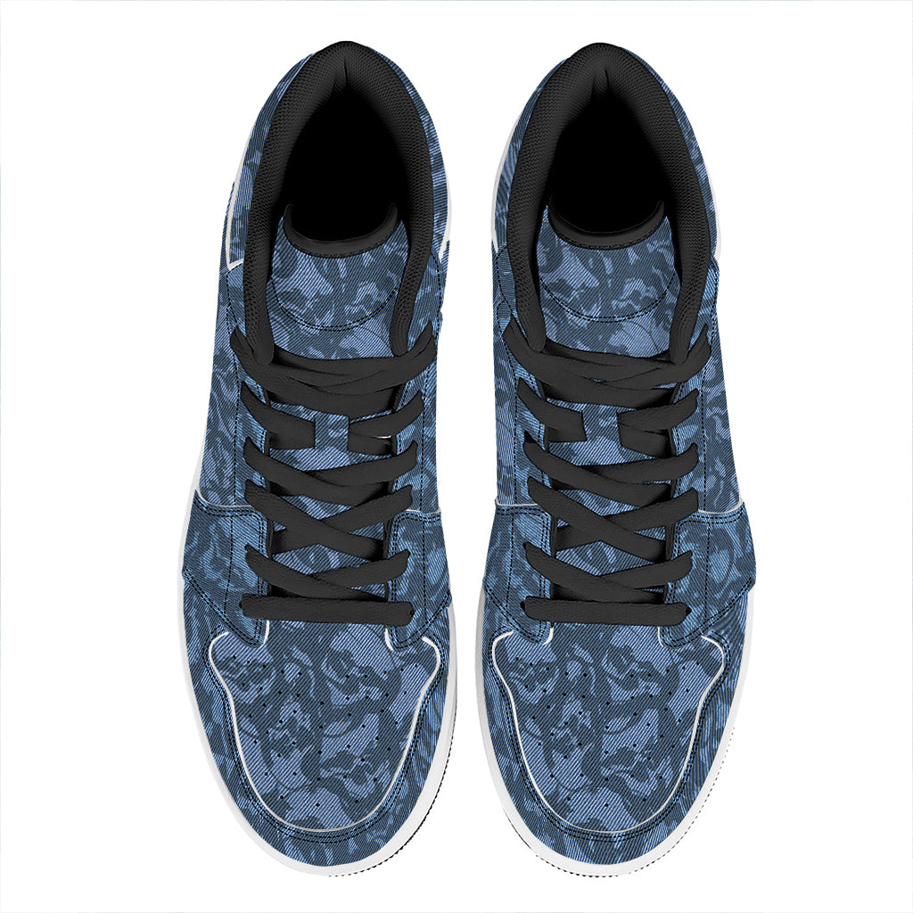 Skull Denim Jeans Pattern Print High Top Leather Sneakers