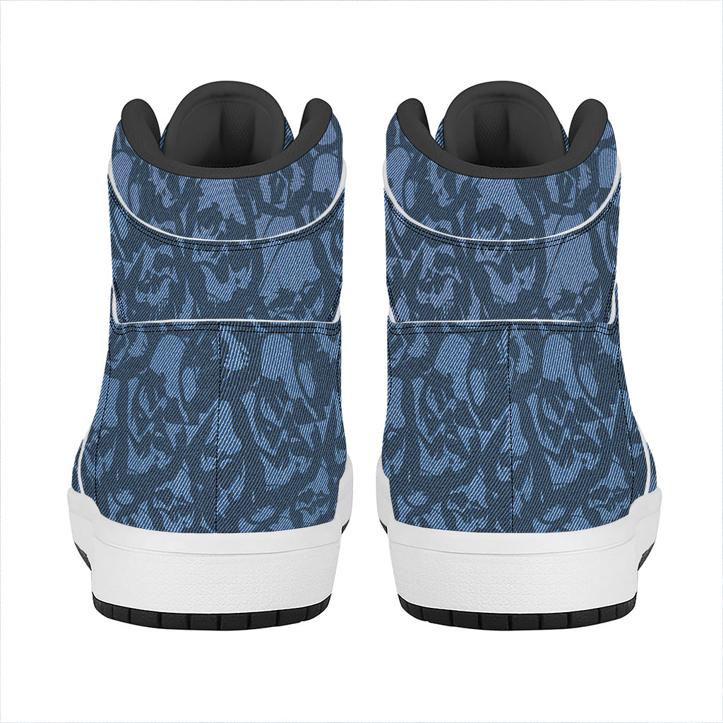 Skull Denim Jeans Pattern Print High Top Leather Sneakers