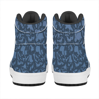 Skull Denim Jeans Pattern Print High Top Leather Sneakers