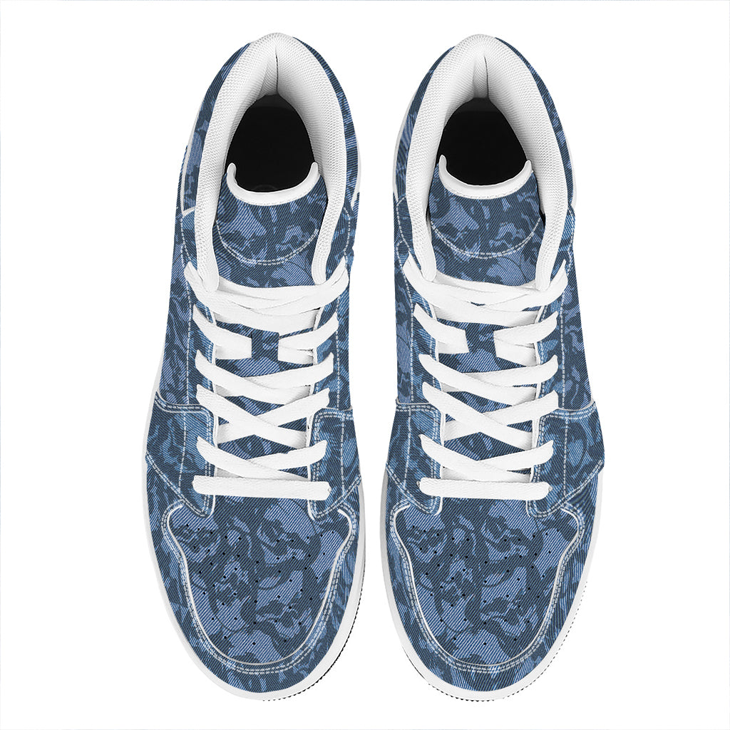 Skull Denim Jeans Pattern Print High Top Leather Sneakers