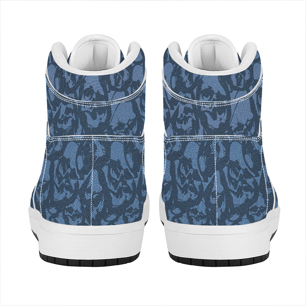 Skull Denim Jeans Pattern Print High Top Leather Sneakers