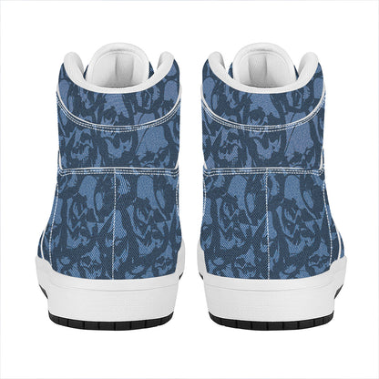Skull Denim Jeans Pattern Print High Top Leather Sneakers