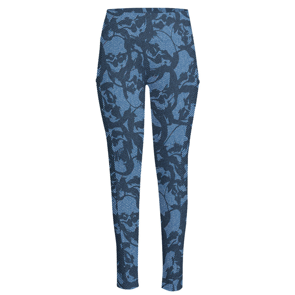 Skull Denim Jeans Pattern Print High-Waisted Pocket Leggings