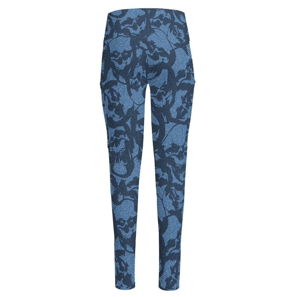 Skull Denim Jeans Pattern Print High-Waisted Pocket Leggings